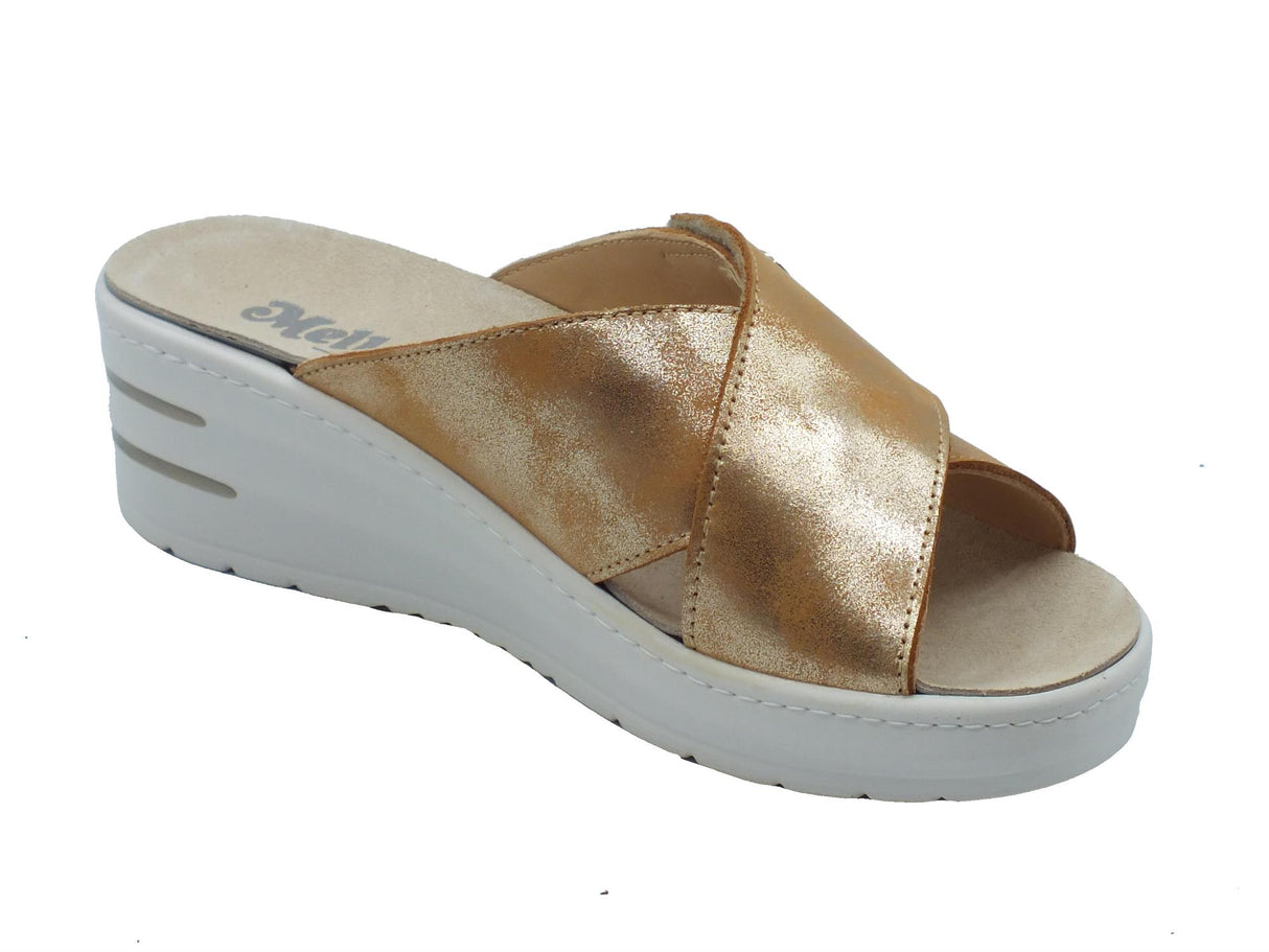 Melluso Melluso 019228 Cuoio Sandali scalsati per Donna in pelle Beige con zeppa media e strappo Cuoio