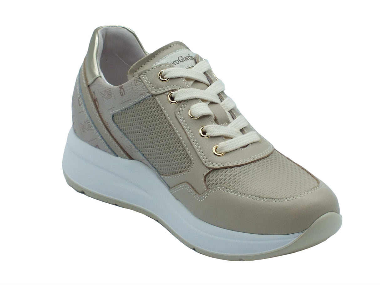 Nero Giardini NeroGiardini E409840D Sauvage Ivory Sneakers per Donna in pelle con lacci, lampo e zeppa media avorio
