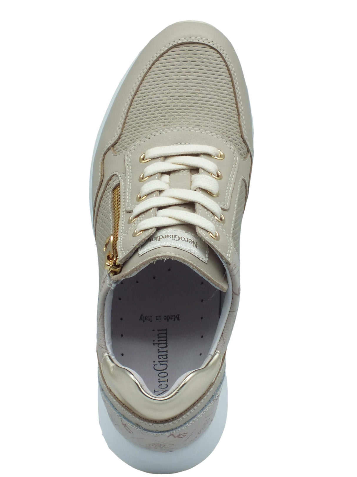 Nero Giardini NeroGiardini E409840D Sauvage Ivory Sneakers per Donna in pelle con lacci, lampo e zeppa media avorio