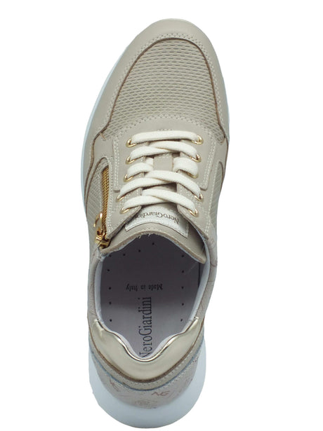 Nero Giardini NeroGiardini E409840D Sauvage Ivory Sneakers per Donna in pelle con lacci, lampo e zeppa media avorio