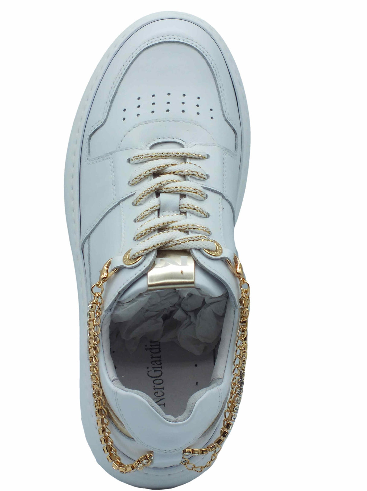Nero Giardini NeroGiardini E409984D Skipper Bianco Sneakers per Donna in pelle con catenine oro Bianco