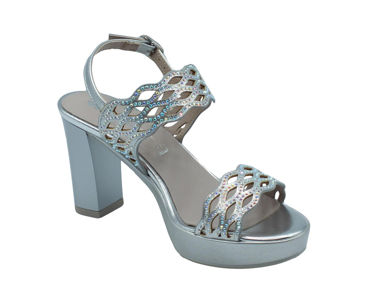 Valleverde Valleverde 45384 Silver Sandali con tacco alto e plateau per donna in ecopelle e brillanti Silver