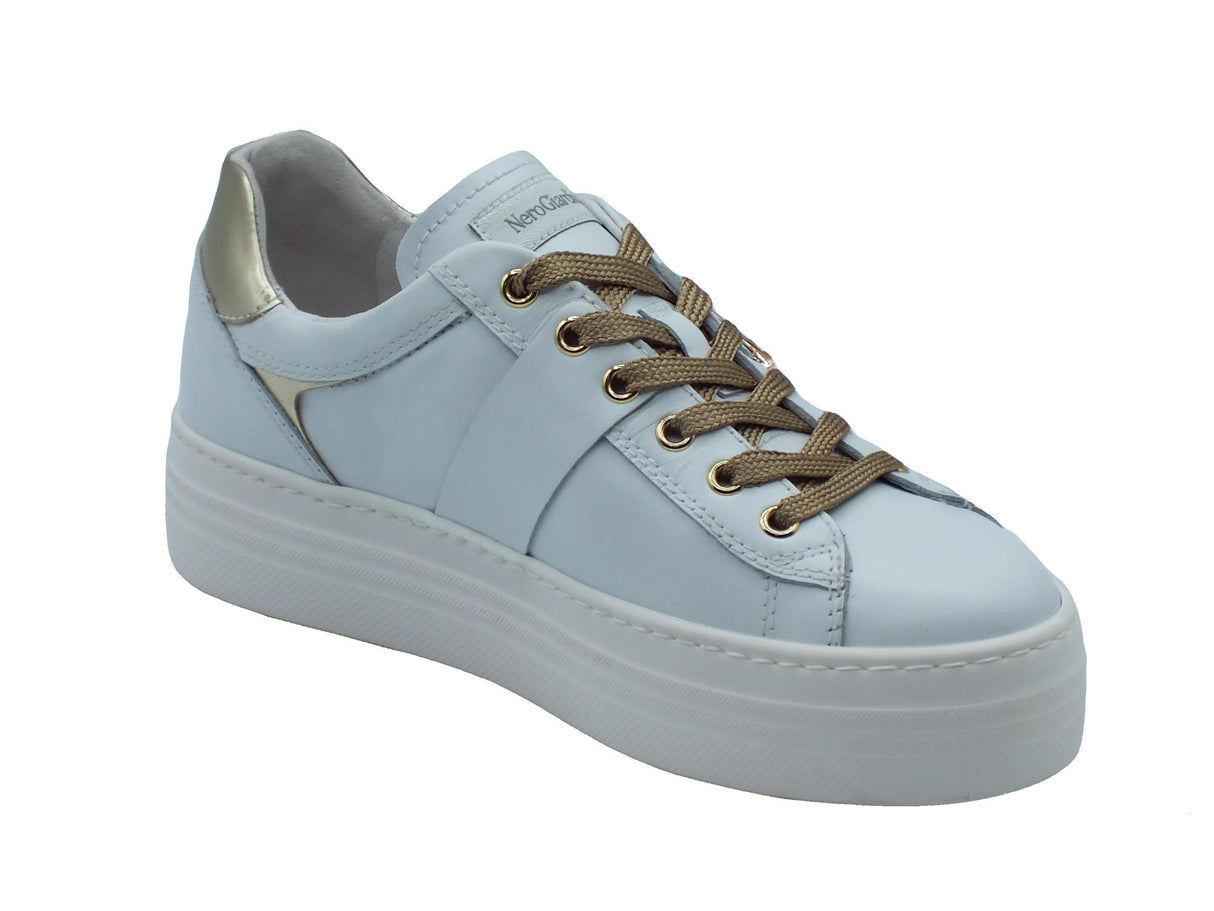 Nero Giardini NeroGiardini I411612D Skipper Bianco Sneakers per Donna in pelle con lacci zeppa bassa Bianco