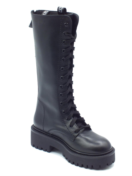 Stelio Malori STM - Stelio Malori 808 Vitello Nero Anfibi alti per Donna in pelle con lampo e lacci Nero