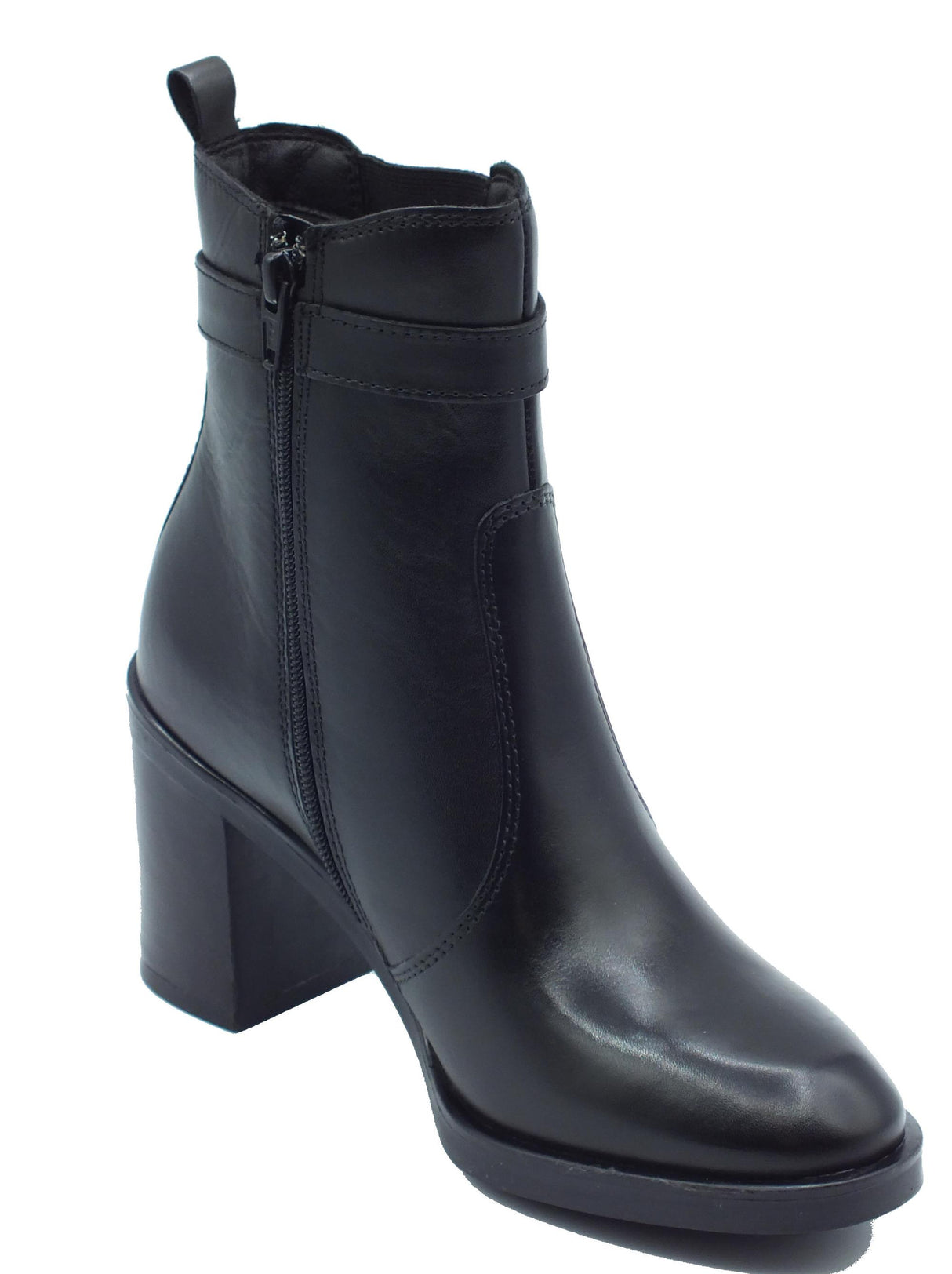 Valleverde Valleverde 47691 Vitello Nero Tronchetti eleganti accollati per Donna in pelle con lampo tacco alto Nero
