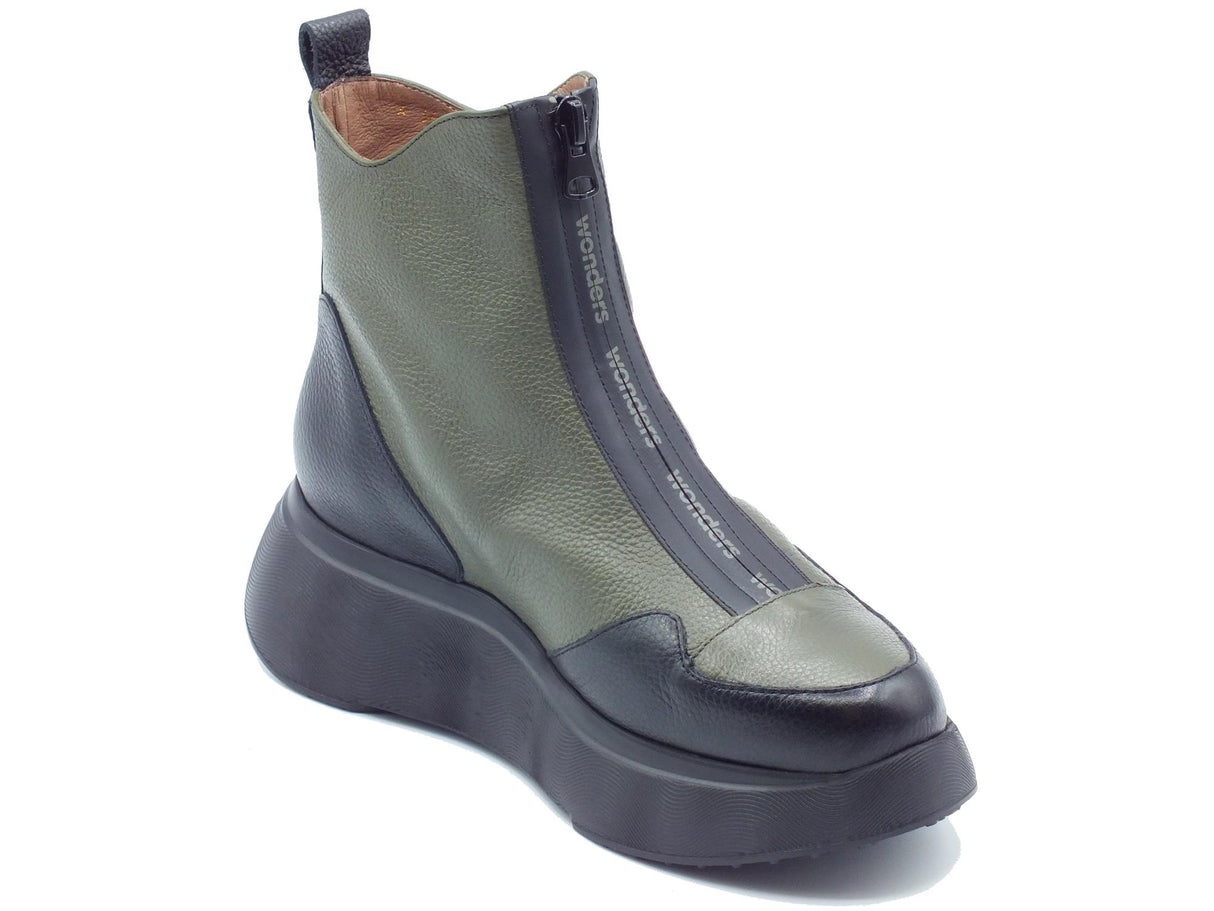 Wonders Wonders A-3613 Wild Negro Alga Tronchetti per Donna in pelle verde e nera lampo frontale verde