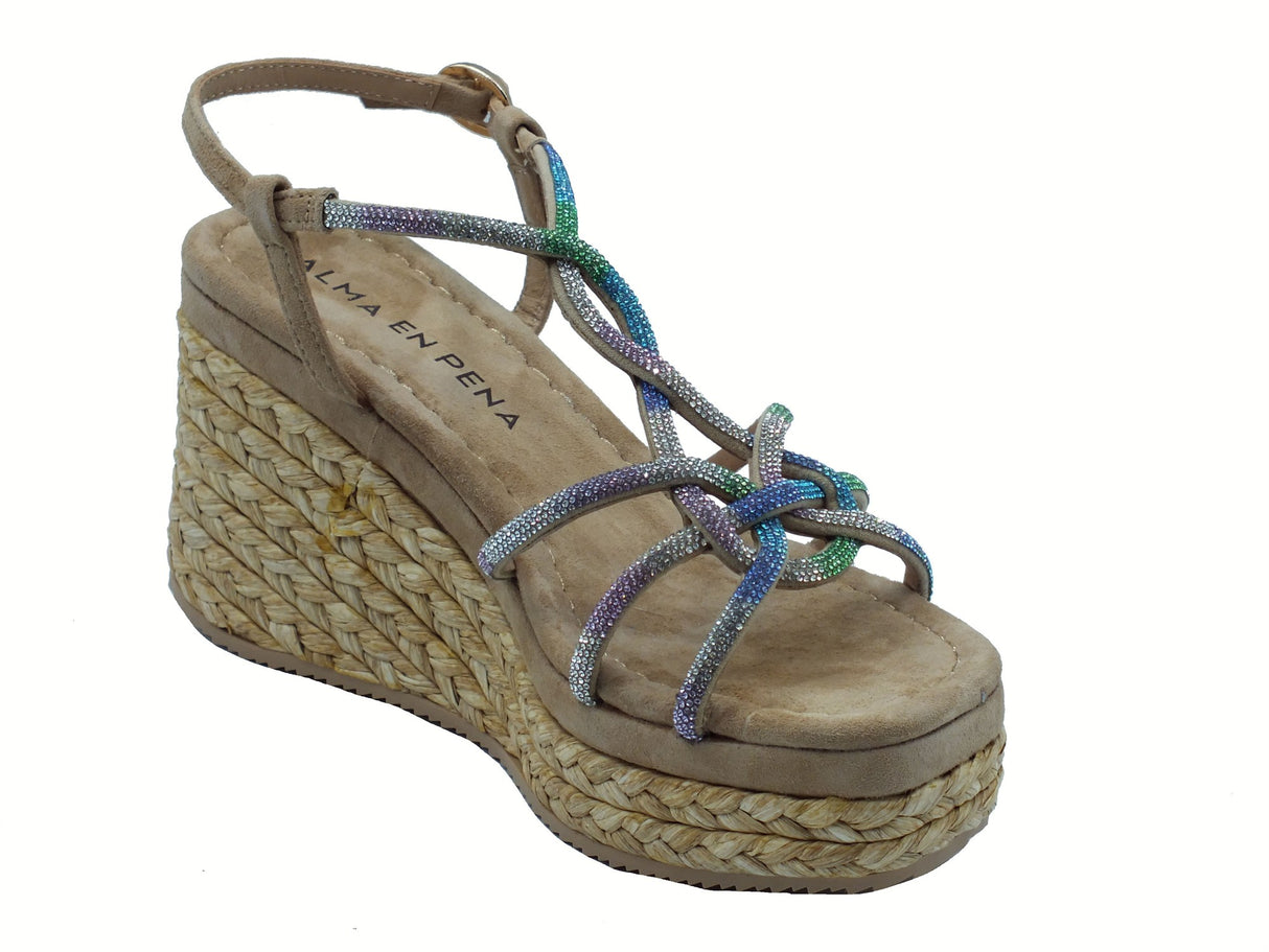 Alma en Pena Alma en Pena V251357 Suede Sand Sandali eleganti per Donna con brillanti multicolore zeppa alta Sand