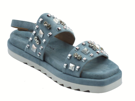 Alma en Pena Alma en Pena V251806 Suede Jeans Sandali eleganti per Donna con applicazioni argento zeppa bassa Jeans