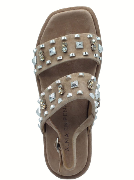 Alma en Pena Alma en Pena V251806 Suede Vison Sandali eleganti per Donna con applicazioni argento zeppa bassa Visone