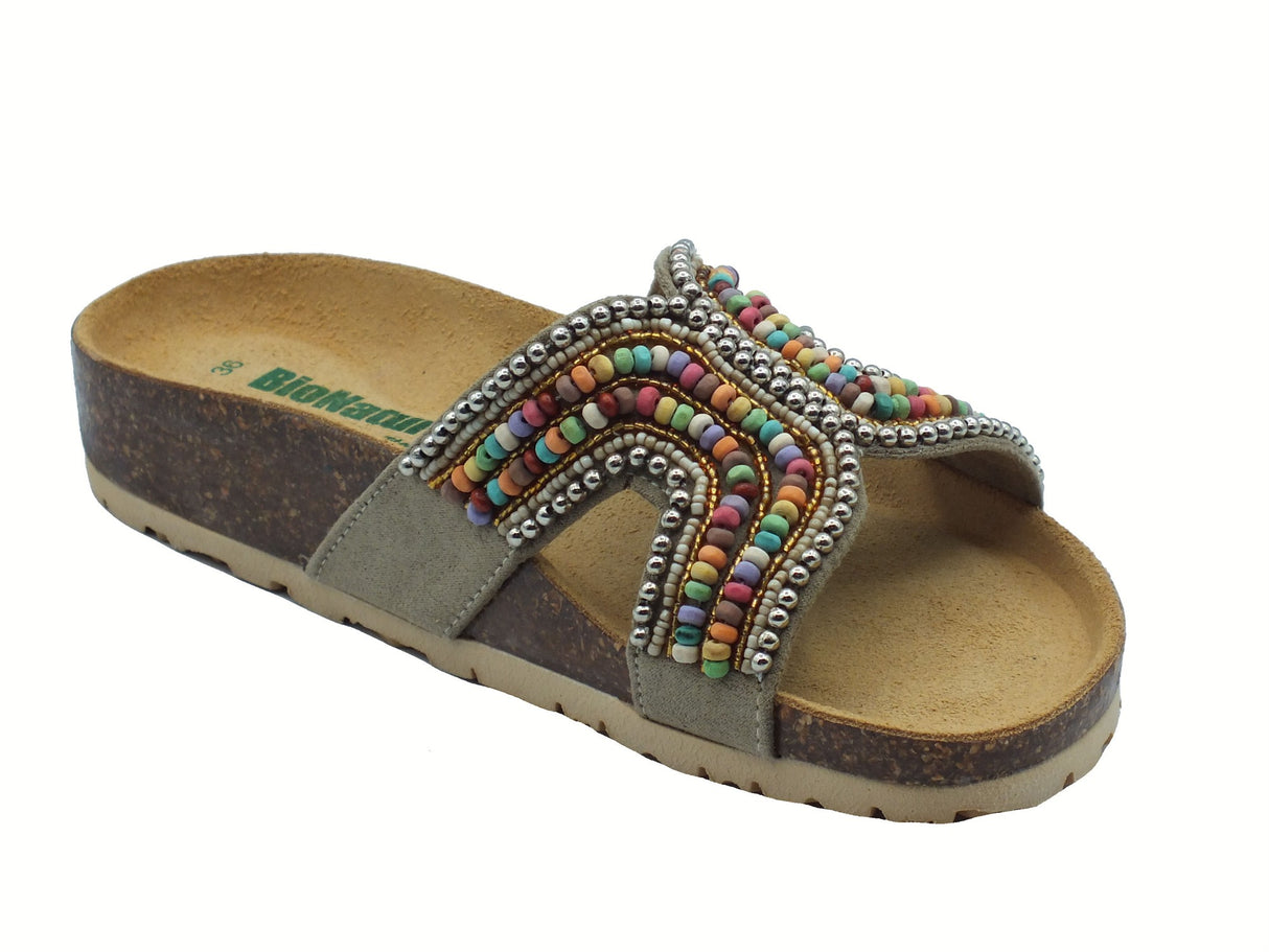 BioNatura BioNatura 11 Sand Imb V Suede Beige Ciabattine per Donna con perline multicolore e zeppa bassa Beige