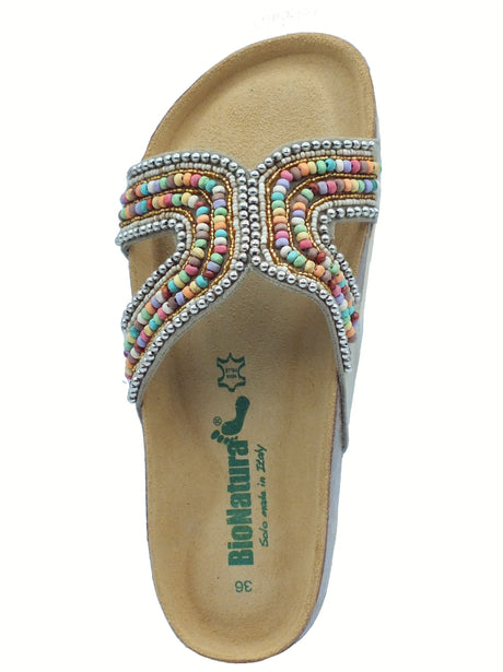 BioNatura BioNatura 11 Sand Imb V Suede Beige Ciabattine per Donna con perline multicolore e zeppa bassa Beige