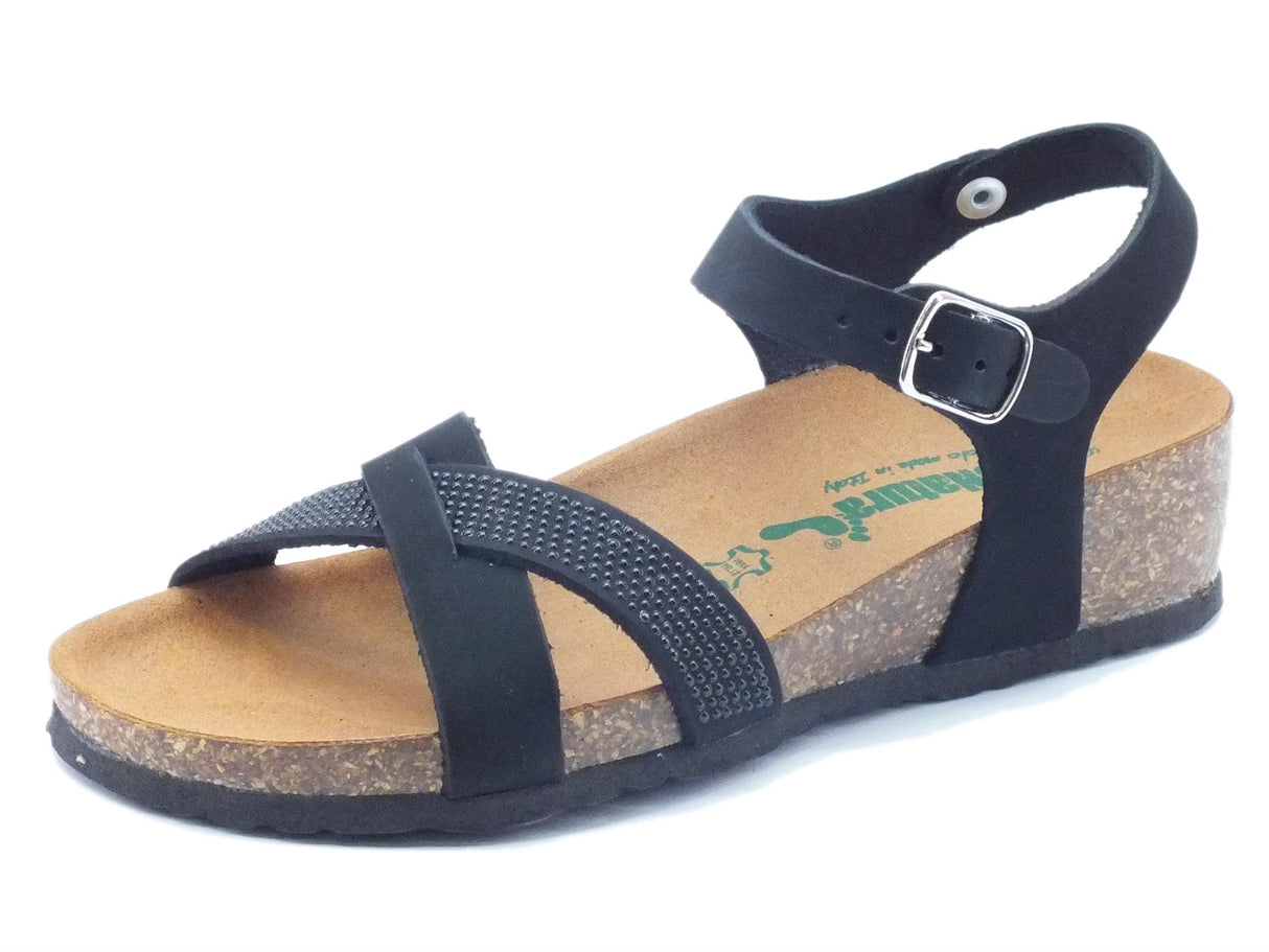 BioNatura Sandalo Bionatura per donna in nabuk nero con strass e zeppa bassa Nero