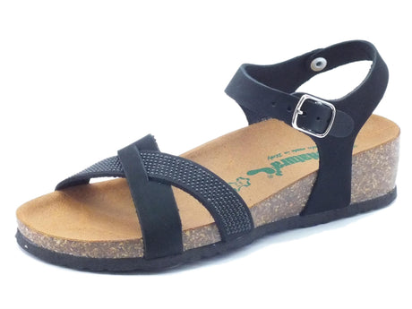 BioNatura Sandalo Bionatura per donna in nabuk nero con strass e zeppa bassa Nero