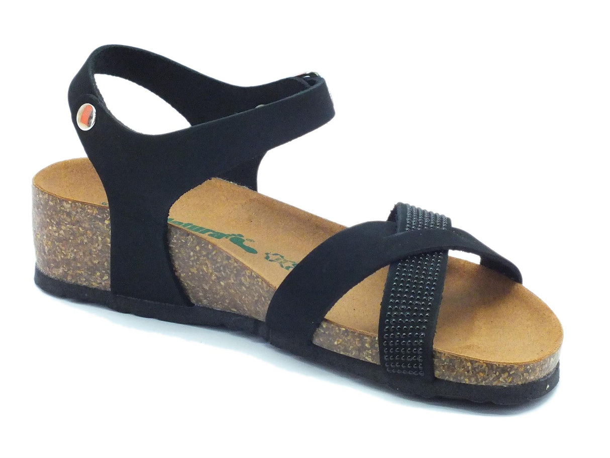 BioNatura Sandalo Bionatura per donna in nabuk nero con strass e zeppa bassa Nero