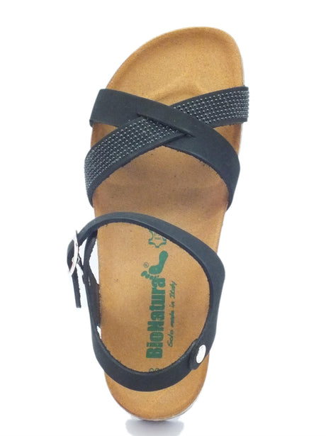 BioNatura Sandalo Bionatura per donna in nabuk nero con strass e zeppa bassa Nero
