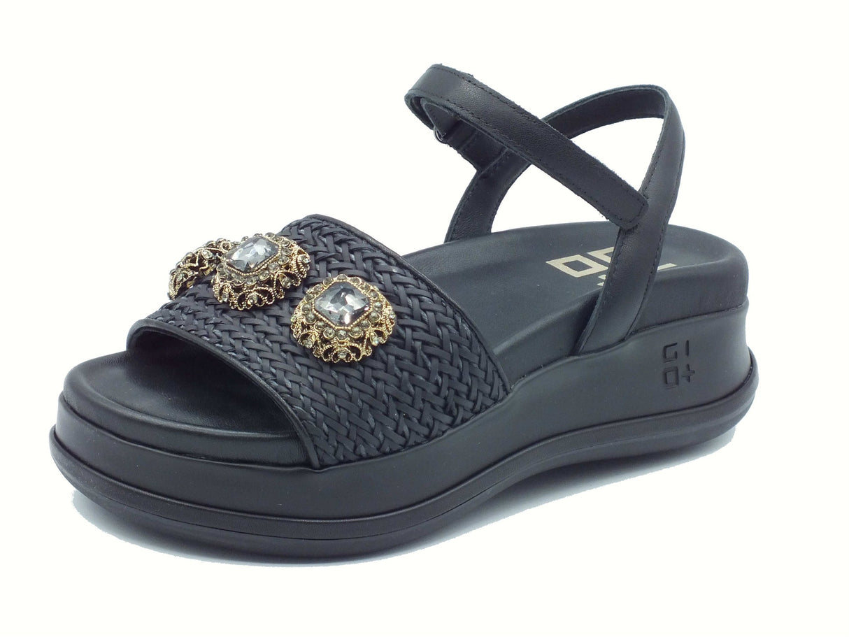 GIO+ GIO+ Mina04c Combi Black Sandali con zeppa media per Donna in pelle nera con applicazioni Black