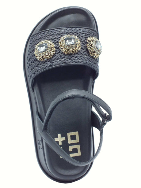 GIO+ GIO+ Mina04c Combi Black Sandali con zeppa media per Donna in pelle nera con applicazioni Black
