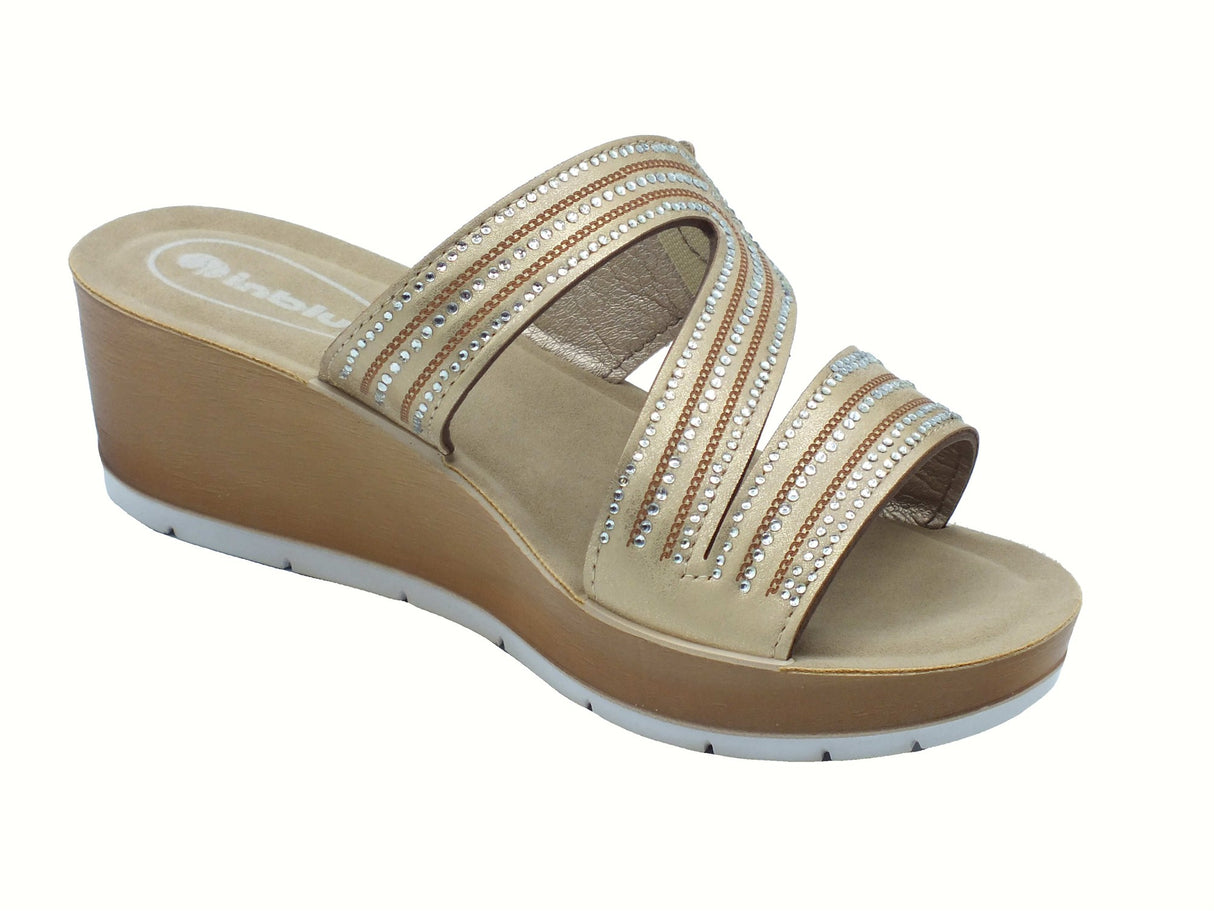 InBlu InBlu RN000023 Sabbia Ciabatte per Donna in ecopelle beige con brillanti zeppa alta Sabbia