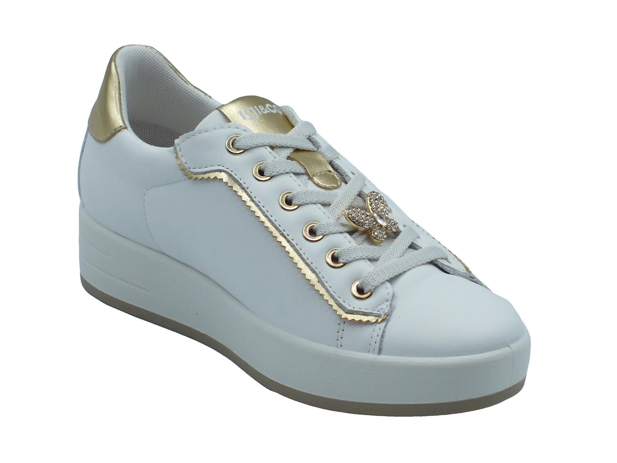 Igi&Co Igi&Co 7655200 Nappa Soft Bianco Oro Sneakers confort per Donna in pelle con lacci e zeppa alta Bianco Oro