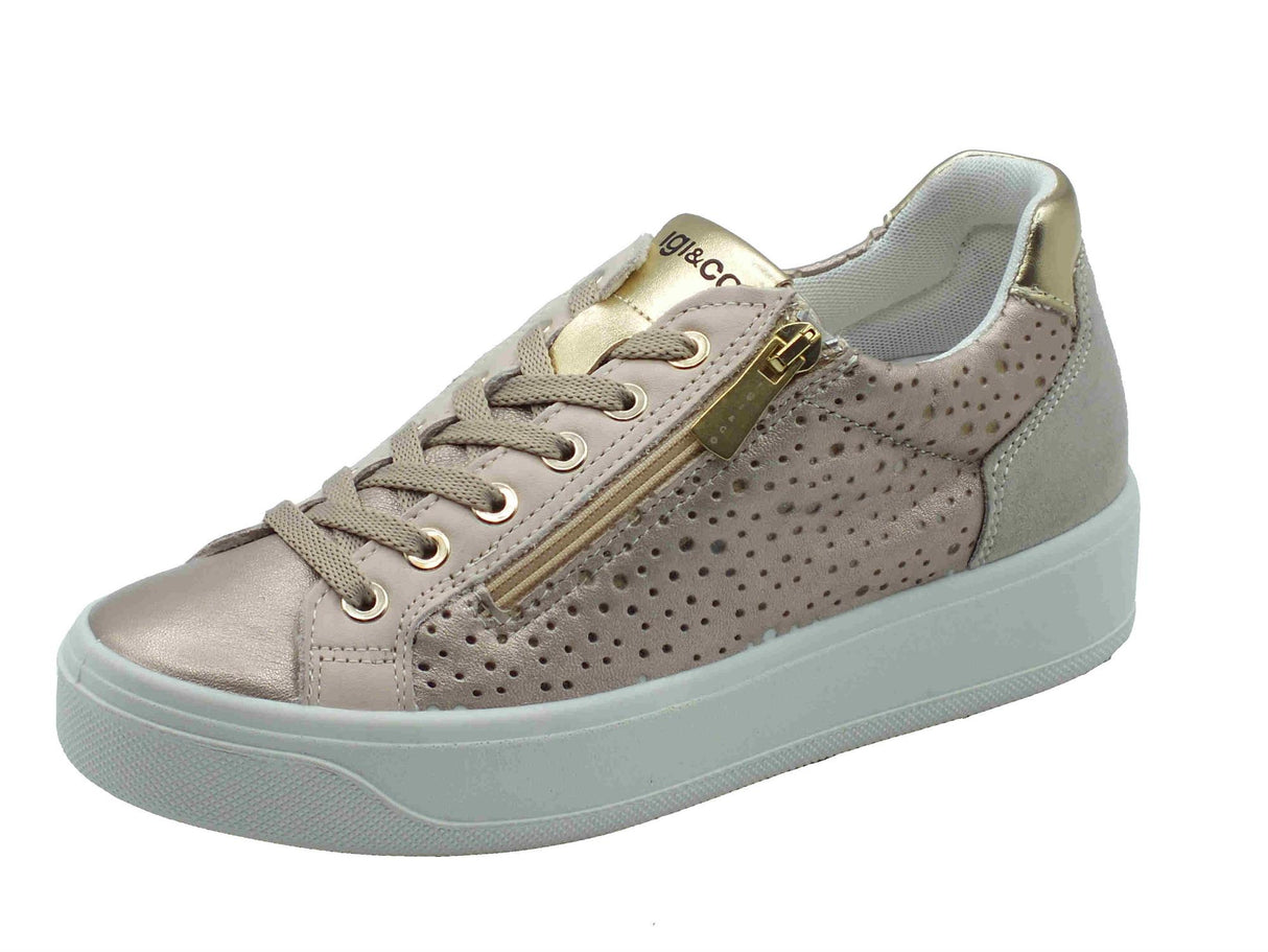 Igi&Co Igi&Co 7656411 Capra Met Wash Champagne Sneakers confort per Donna in pelle con lacci e lampo Champagne