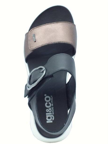 Igi&Co Igi&Co 7677622 Nappa Nero Bronzo Sandali per Donna in pelle con zeppa alta doppio strappo Nero Bronzo