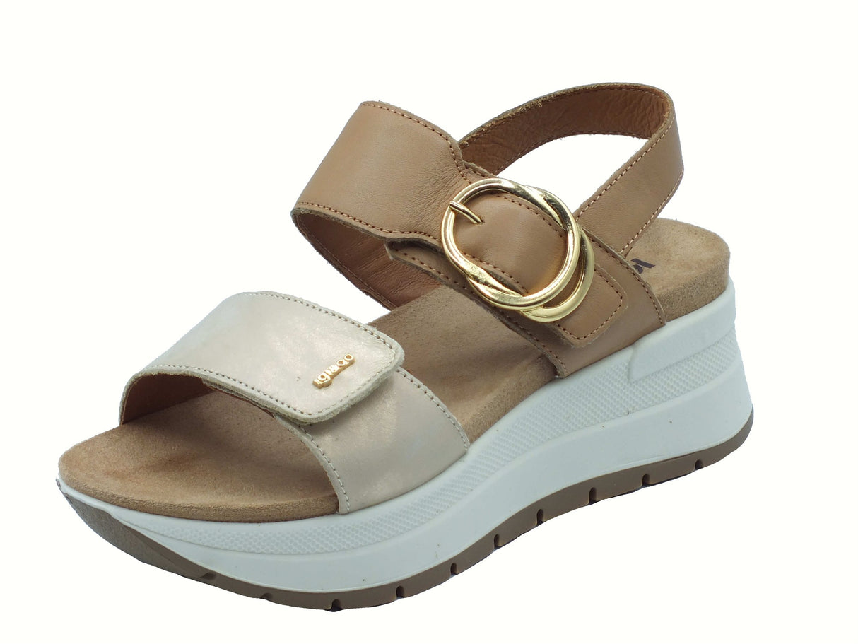 Igi&Co Igi&Co 7677644 Vitello Lam Bianco Nocciola Sandali per Donna in pelle con zeppa alta doppio strappo Bianco Nocciola