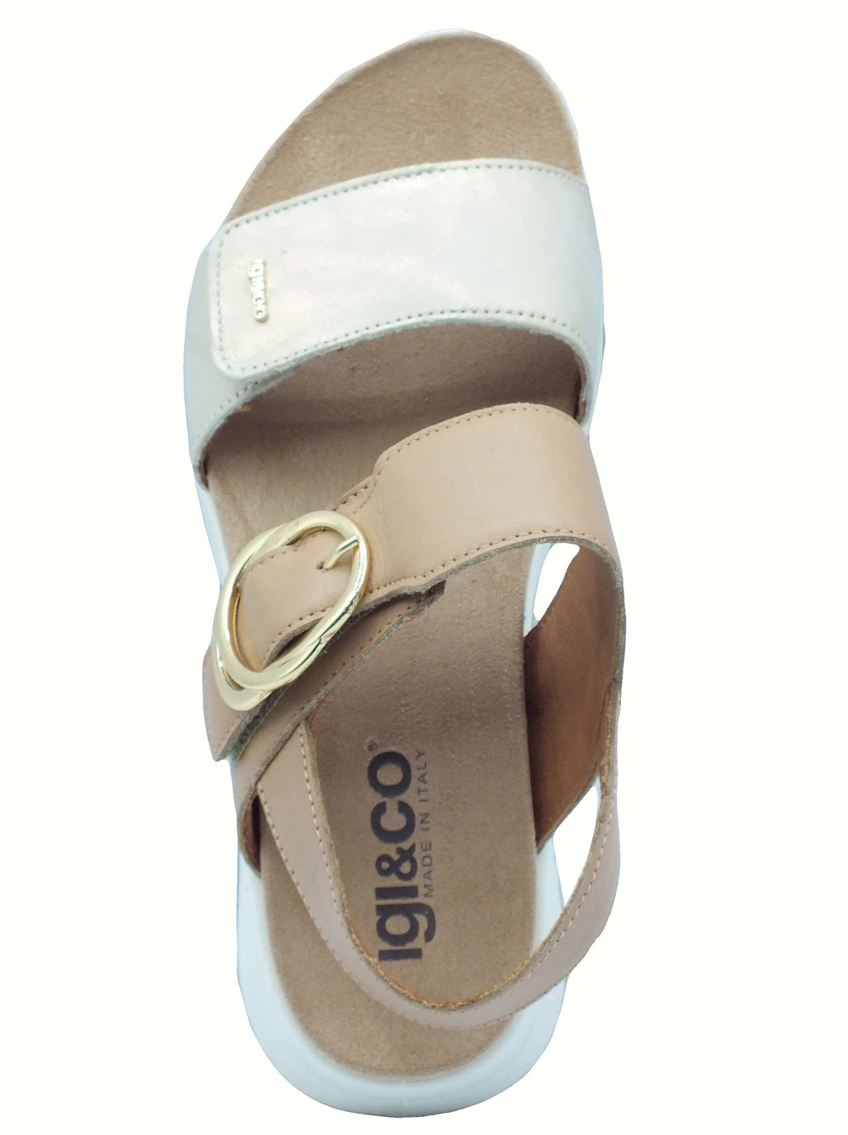 Igi&Co Igi&Co 7677644 Vitello Lam Bianco Nocciola Sandali per Donna in pelle con zeppa alta doppio strappo Bianco Nocciola