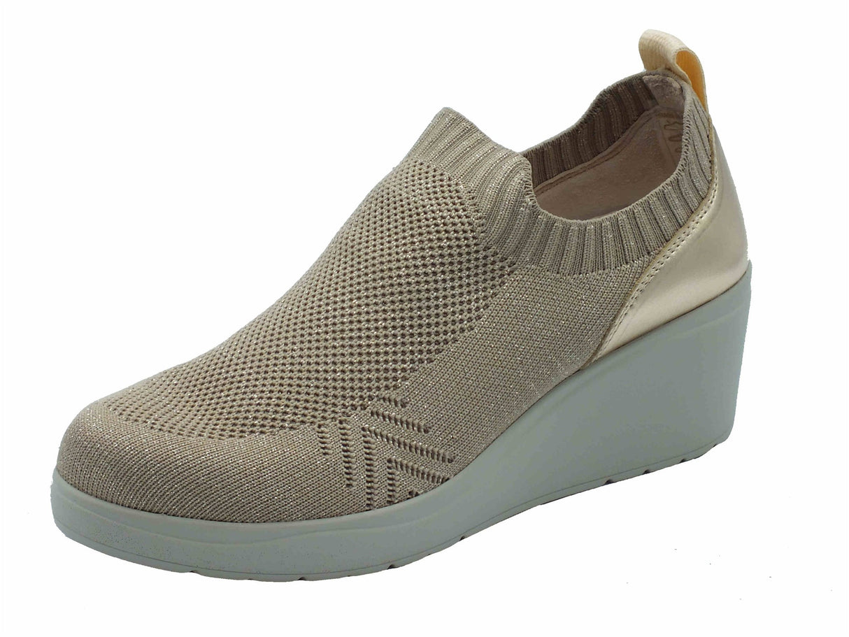 Melluso Melluso K53013 Beige Gold Tronchetti Confort Donna tessuto elasticizzato con zeppa alta Beige Gold