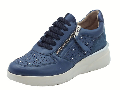 Melluso Melluso Walk K55446 Navy Sneakers per Donna in pelle con lacci e lampo zeppa bassa Navy