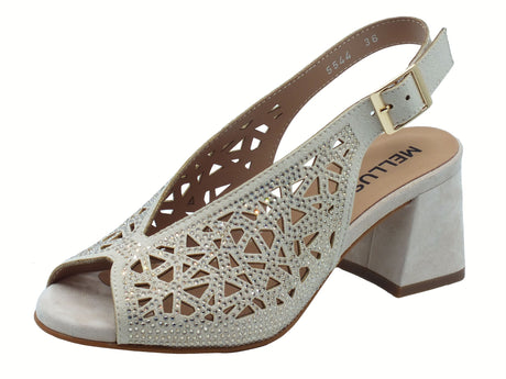 Melluso Melluso N653 Melissa Beige Sandali per Donna in pelle con brillanti, tacco alto e fibbiona Beige