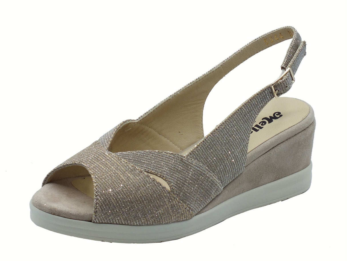 Melluso Melluso R80339Z Platino Bianca Sandali per Donna in tessuto brillantinato con zeppa media bianco