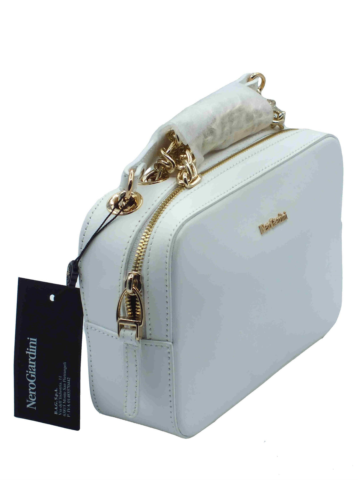 Nero Giardini NeroGiardini E443713D Reno Bianco Tracollina mini con catenelle per Donna in vera pelle con lampo Bianco