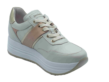 Nero Giardini NeroGiardini E512911D Velvet Nappa Osso Sneakers moda per Donna in pelle con zeppa alta bianco osso