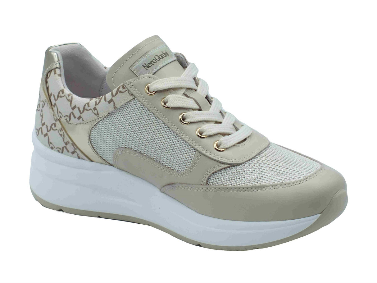 Nero Giardini NeroGiardini E512930D Velvet Rete Chic Milk Sneakers per Donna in pelle zeppa media bianco