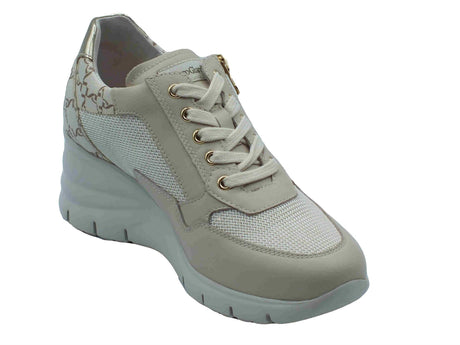 Nero Giardini NeroGiardini E512940D Skipper Rete Milk Osso Sneakers per Donna in pelle zeppa alta bianco osso