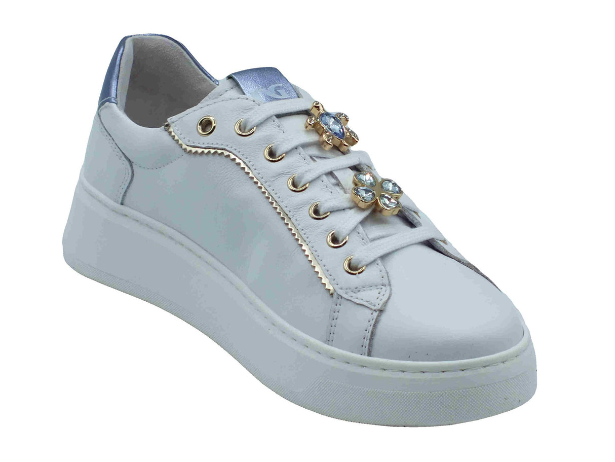 Nero Giardini NeroGiardini E513060D Cile Nappa Bianco Sneakers Sportive per Donna in pelle con gadget zeppa bassa Bianco