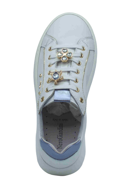 Nero Giardini NeroGiardini E513060D Cile Nappa Bianco Sneakers Sportive per Donna in pelle con gadget zeppa bassa Bianco