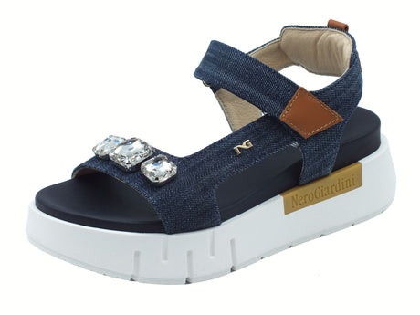 Nero Giardini NeroGiardini E513691D Jeans Sandali per Donna in tessuto con strappo e zeppa media Jeans