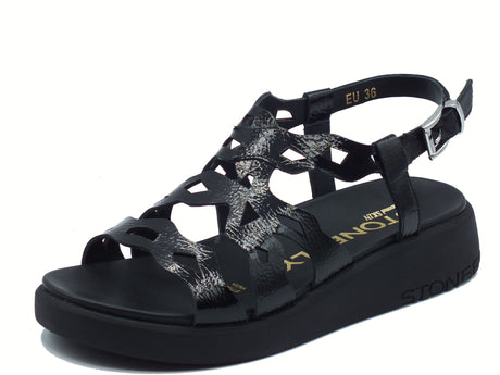 Stonefly Stonefly 220958 Onda Patent Black Sandali per Donna in pelle verniciata nera zeppa bassa Black