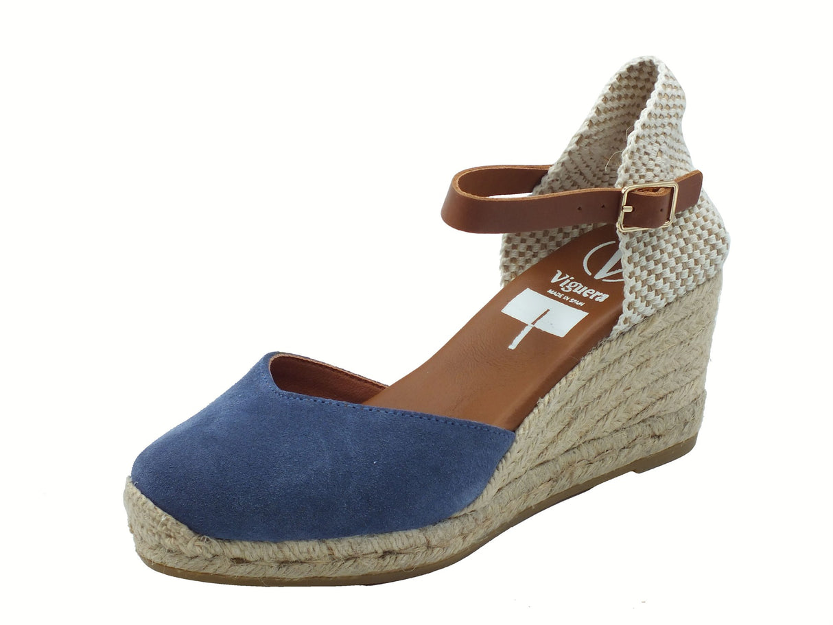 Viguera Viguera 2012 Vitelo Azul Campesine per Donna in nabuk blu con zeppa media in corda blu