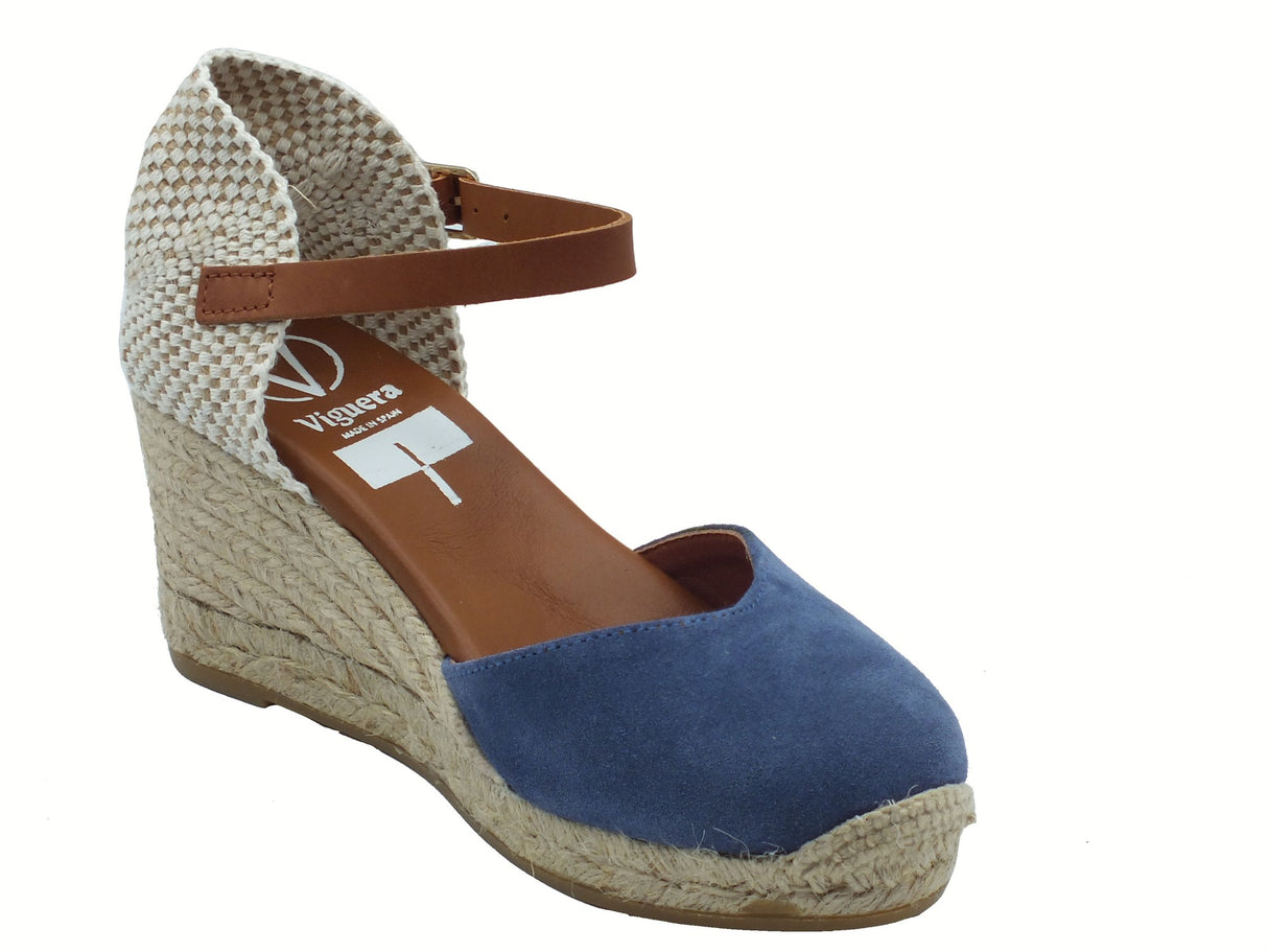 Viguera Viguera 2012 Vitelo Azul Campesine per Donna in nabuk blu con zeppa media in corda blu