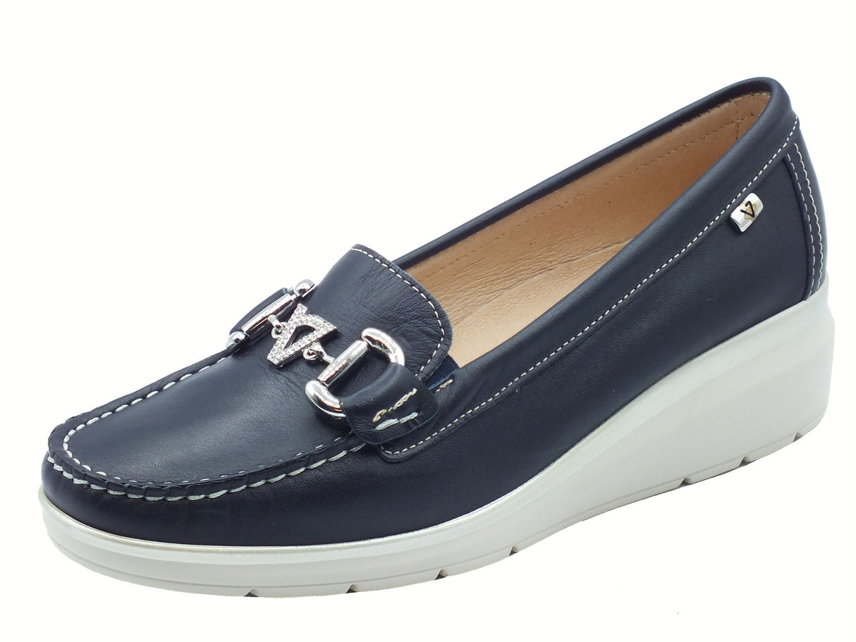 Valleverde Valleverde 11053 Nappa Blu Mocassini classico con zeppa per donna in pelle zeppa bassa Blu