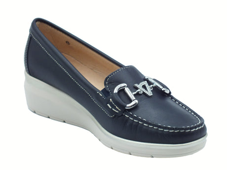 Valleverde Valleverde 11053 Nappa Blu Mocassini classico con zeppa per donna in pelle zeppa bassa Blu