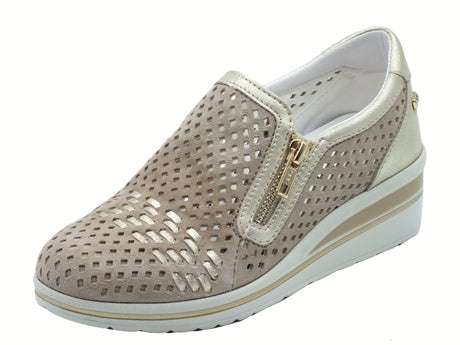 Valleverde Valleverde 36213 Suede Ecru Mocassini con tacco per donna in nabuk traforato taupe Suede Ecru