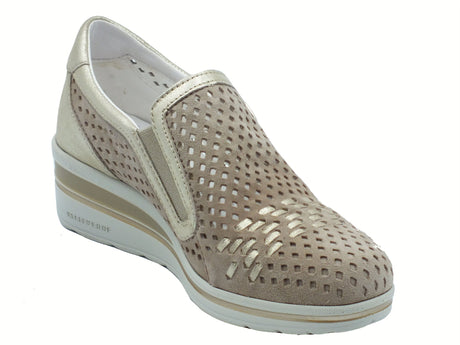 Valleverde Valleverde 36213 Suede Ecru Mocassini con tacco per donna in nabuk traforato taupe Suede Ecru