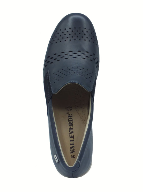 Valleverde Valleverde VS10334 Nappa Blu Mocassini con zeppa per donna in pelle traforata zeppa media Blu