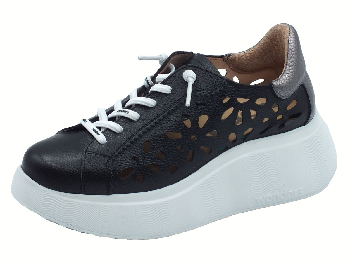Wonders Wonders A-3621 Anan Wild Negro Sneakers per Donna pelle laserata traforata zeppa alta bombata Nero