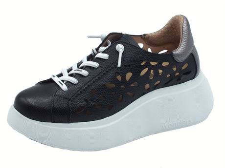 Wonders Wonders A-3621 Anan Wild Negro Sneakers per Donna pelle laserata traforata zeppa alta bombata Nero