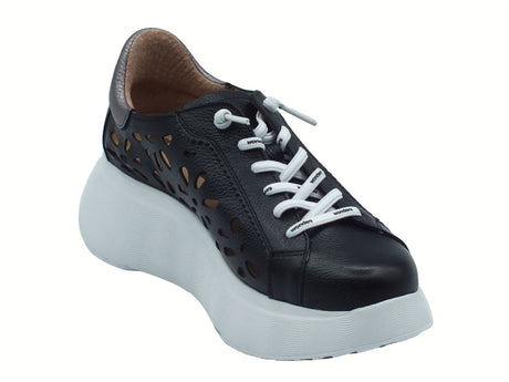 Wonders Wonders A-3621 Anan Wild Negro Sneakers per Donna pelle laserata traforata zeppa alta bombata Nero