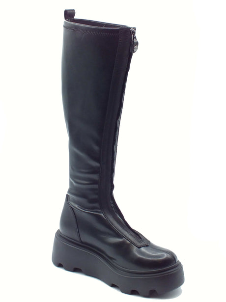 CULT Cult CLW355500 New Rock Black Stivali Stivali per Donna con lampo frontale in pelle nera zeppa medi Black